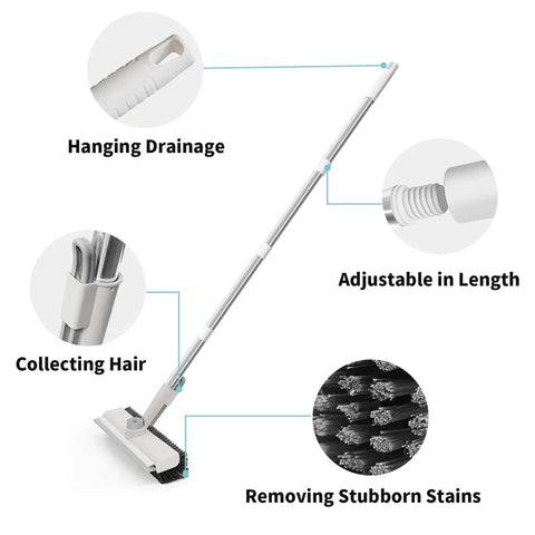 Diagram of 3-In-1 Floor Scrub Brush With Long Handle showing features: hanging drainage, adjustable length, hair collector, stiff bristles