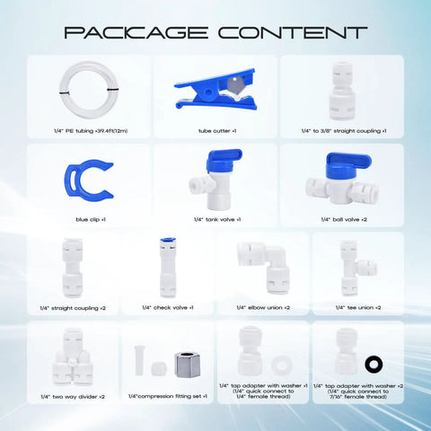 Package contents of Fridge Water Line Kit With One Quarter Inch OD Tubing 39.4 Ft Length Quick Connect Fittings For Ice Makers And Push To Connect Tubes DIY Friendly Setup For Reverse Osmosis Systems, including tubing, fittings, and connectors.