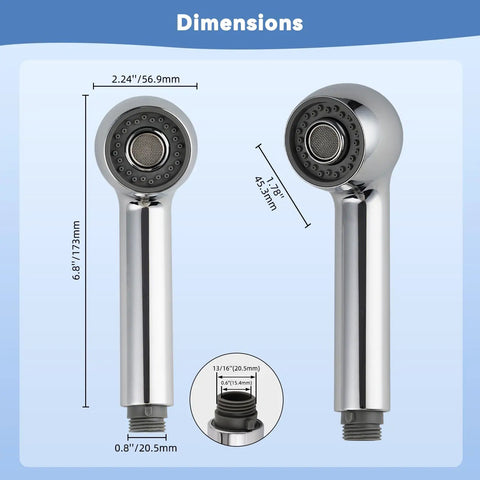 Pull Out Sink Sprayer Head Replacement With Two Spray Modes For Kitchen Faucets Fits G One Half Inch Or Thirteen Sixteenth Inch Thread Chrome Finish Standard Hose Connection Easy Upgrade dimensions view