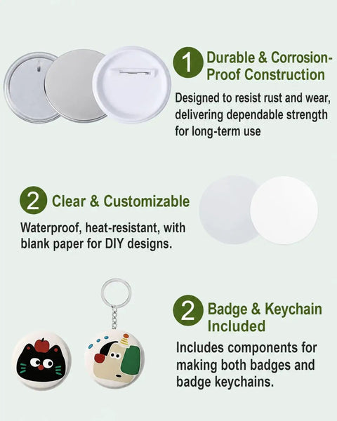 All In One Button And Keychain Making Kit With 100 Button Backs 20 Keychain Bases 120 Blank Papers And 120 Clear Film Sheets image.
