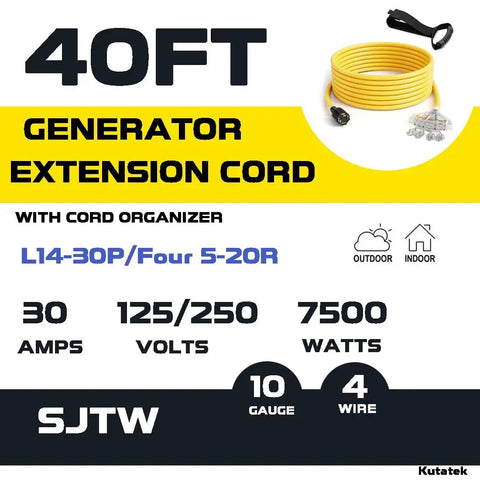 40Ft L14-30P To Four 5-20R Generator Distribution Extension Cord, 30 Amp 125/250V, 7500 Watts, 10 Gauge SJTW Cable info
