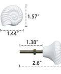 Size details of Six Pack Resin Beach Conch Cabinet Knobs In Antique White Finish, showing 3D shell pull handles measurements.