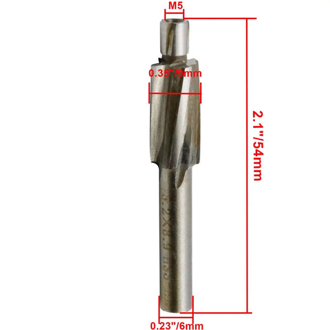 Rannb M5 countersink end mill bit, HSS, silver metal, front view.