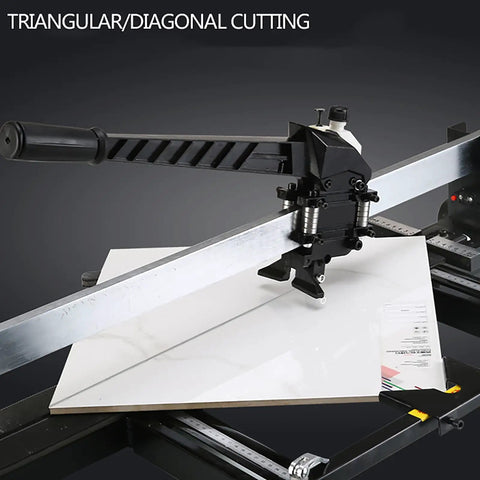 Close-up of 1200mm Manual Ceramic Tile Cutter Pro Grade With All Steel Frame Foldable Design in use on a tile, angled view.