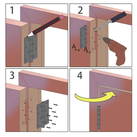 Illustration showing installation of Stainless Steel 4 Inch Door Hinges Set with step-by-step screw placement and alignment guide.