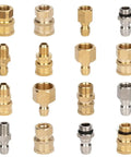 Various brass quick connect water couplers showing different sizes and designs for secure hose hookups.