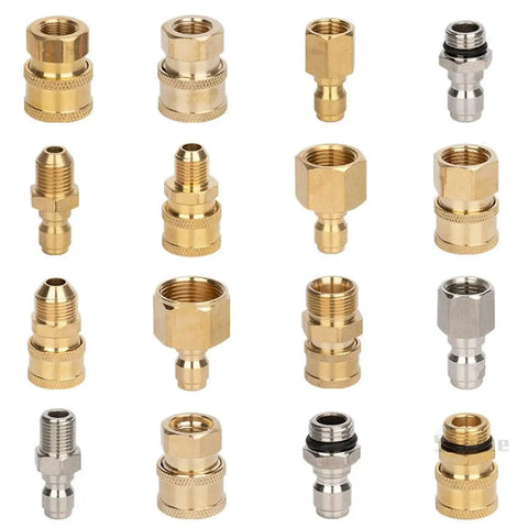 Various brass quick connect water couplers showing different sizes and designs for secure hose hookups.