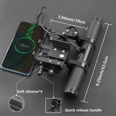 Beefed-Up 2400 Lumen Bicycle Headlight With 10000mAh Battery Pack, handlebar extender, speedometer holder, and phone mount.