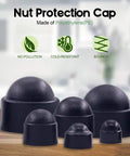 Black plastic dome nut protection caps in various sizes on a wooden surface, part of 161 Pcs Bolt Covers Kit For Hex Head Bolts M4 M5 M6 M8 M10 M12 Black Plastic Dome Nut End Caps Protective Screw Cap Covers With Storage Case Durable Plastic Bolt Caps Set.