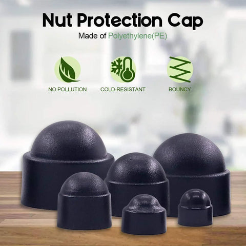 Black plastic dome nut protection caps in various sizes on a wooden surface, part of 161 Pcs Bolt Covers Kit For Hex Head Bolts M4 M5 M6 M8 M10 M12 Black Plastic Dome Nut End Caps Protective Screw Cap Covers With Storage Case Durable Plastic Bolt Caps Set.