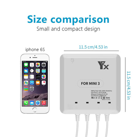 6 In 1 Rapid Multi Charging Hub For DJI Mini 4 Pro And Mini 3 Series Drones, next to iPhone 6S for size comparison.