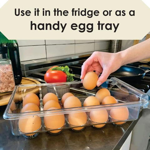 Hand placing egg into Fridge Egg Drawer Organizer With Adjustable Rack And Snap On Install Clear Egg Storage Bin That Fits Up To 15 Eggs For Easy Access And Multi Use Fruit Veggie Holder Keeps Your Fridge Neat And Fresh