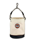 Leather Bottom Tool Bucket With Swivel Clip, Heavy Duty Canvas Tote With Reinforced Leather Base, Molded Top Ring, shown hanging