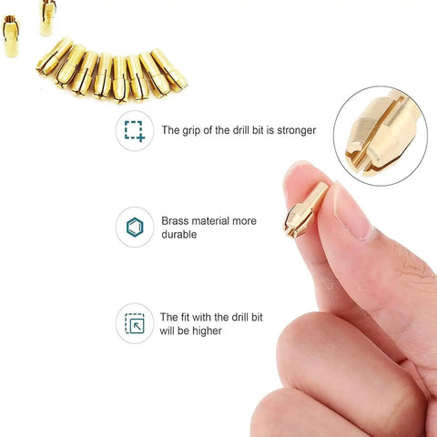 Bombproof 24 Pcs Brass Quick Change Drill Chuck Collet Set For Rotary Tools And Electric Grinders 0.5 To 3.2Mm Heat Treated Fine Copper Heavy Duty Grip held in hand with focus on its detailed grip.