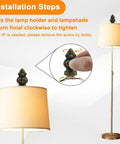 Installation of Antique Brass Lamp Finial Cap Knob with Dual Thread Screw for Lamp Shades Fits 3/8 Inch and 1/4-27 Threads shown on a lamp.
