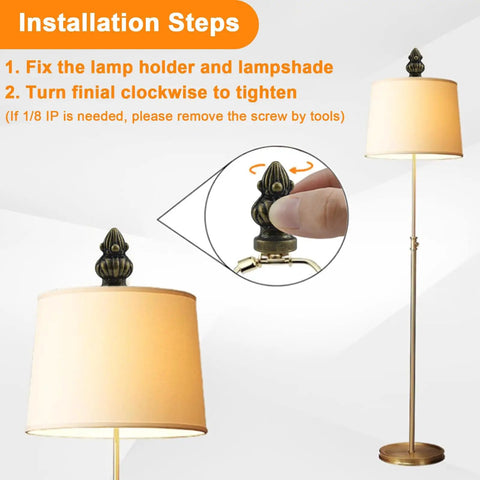 Installation of Antique Brass Lamp Finial Cap Knob with Dual Thread Screw for Lamp Shades Fits 3/8 Inch and 1/4-27 Threads shown on a lamp.