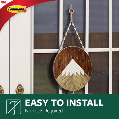Clear Large Hook Set Of Four For Damage Free Hanging Includes Eight Large Strips Each Hook Holds Up To Four Pounds No Tools Required Easy Wall Door Cabinet And Closet Mounting With No Holes Marks Or Sticky Residue holding decorative wooden art on glass door