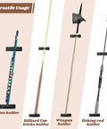 Wall mounts displaying flute, billiard cue, weapon, and fishing rod on versatile hangers.