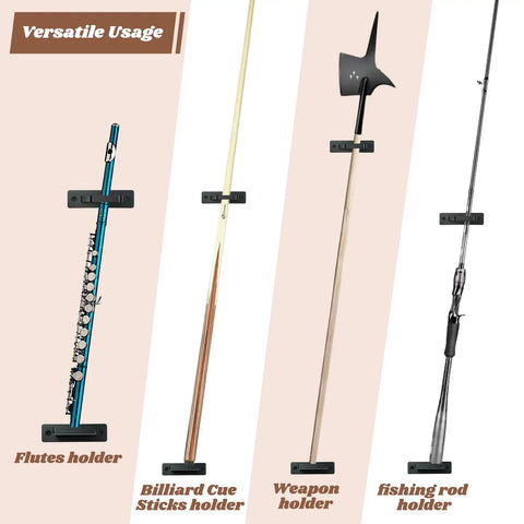 Wall mounts displaying flute, billiard cue, weapon, and fishing rod on versatile hangers.