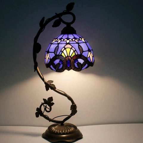 Tiffany Style Table Lamp With Blue Purple Stained Glass, Baroque Inspired Reading Desk Light, Metal Leaf Base, 21 Inch Tall