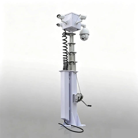 Electric Motorized Telescopic Mast 6.5M Aluminum Broadcast Antenna Pole with camera mounts and pulley system.