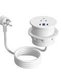Slick Recessed Desktop Power Grommet 2.5 Inch Flush Mount Outlet with 20W USB C, white cord, and six-foot length.