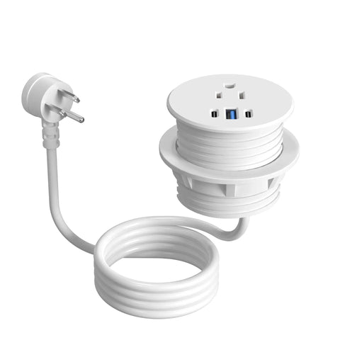 Slick Recessed Desktop Power Grommet 2.5 Inch Flush Mount Outlet with 20W USB C, white cord, and six-foot length.
