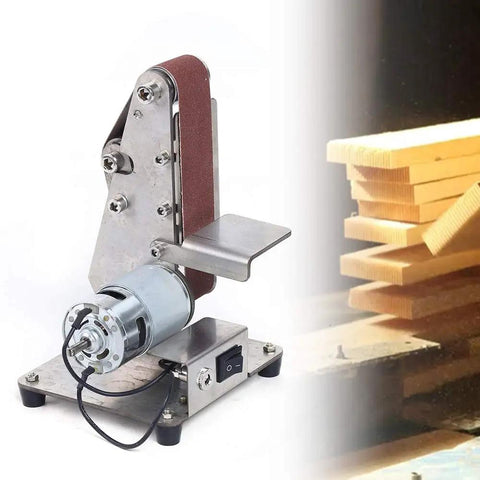 Heavy Duty Stainless Steel 100W Electric Belt Sander featuring variable 4500 to 9000 rpm settings with metal motor and sanding belt.