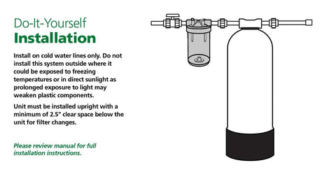 Illustration of single stage whole house water filter system for sediment, large 4.5 inch cartridge, DIY install guidelines.