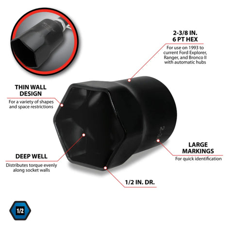 One Half Inch Drive Hex Lock Nut Socket For Wheel Bearing Locknuts Two And Three Eighths Inch Fits Auto Repair Pros And DIYers