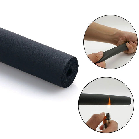 URBEST black foam pipe insulation tube, 1/4 x 3/8 in, 6 ft, shown with hand squeeze and flame test