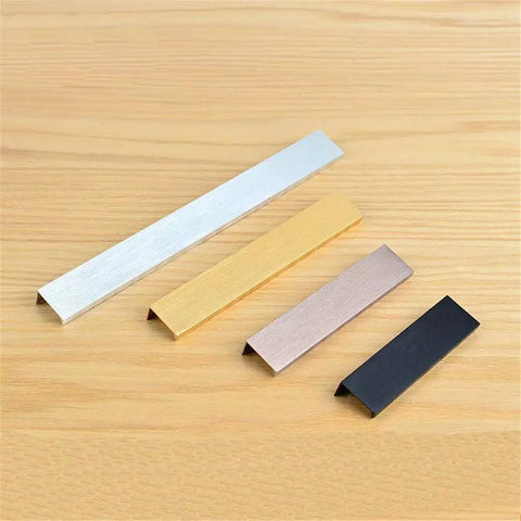 Hidden Cabinet Handles Set Of 2 Heavy Duty Aluminum Finger Pull And Tab Pull For Kitchen Cabinets, shown in four colors on wood surface