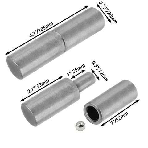 Four Pack Weldable Barrel Hinges 4 1/8 By 3/4 Inch Heavy Duty Gate Hinges, shown disassembled with measurements in millimeters.