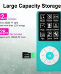 All In One Portable HiFi Music Player With 32GB Storage And TF Card Support Built In Speaker Video And Voice Recorder FM Radio Photo Viewer Ebook Reader Playlists And Kid Friendly Sky Blue showing storage capacity.