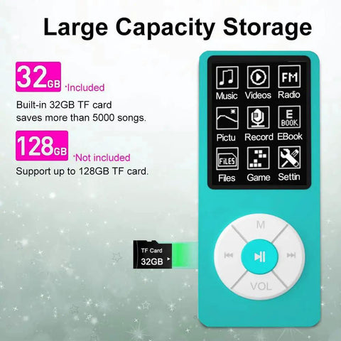All In One Portable HiFi Music Player With 32GB Storage And TF Card Support Built In Speaker Video And Voice Recorder FM Radio Photo Viewer Ebook Reader Playlists And Kid Friendly Sky Blue showing storage capacity.