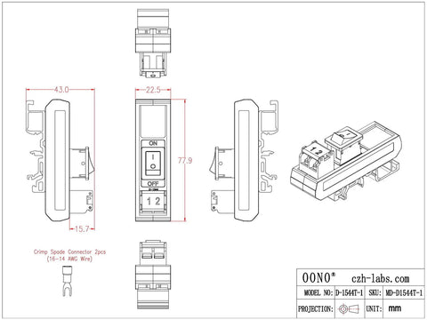 Technical drawing of Rail Mount Rocker Switch Module For 10 Amp Power, Compatible With 250VAC Or 50VDC, One Channel, Easy On Off Rocker