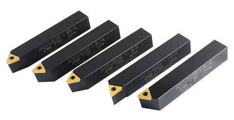 Pro Grade 1 Inch Shank 5 Piece Indexable Turning Tool Set With TiN Coated Carbide Inserts For Smooth Cuts, Positive Rake And 7 Degree Clearance, Includes STACR STNCR STECN STDCR STCCR Holders For Lathes And Turning Centers