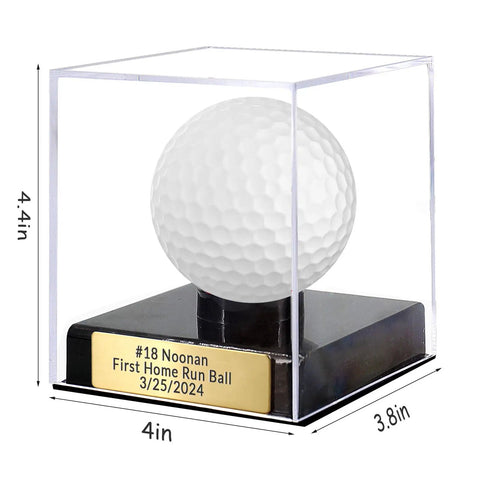 Custom Golf Ball Display Case With Clear Acrylic Holder Laser Engraved Plaque For Personalization in Golden Finish
