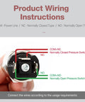 Product wiring instructions for 1/4 Inch NPT Pneumatic Adjustable Diaphragm Pressure Switch Integrated Normally Open And Closed, QPF N2