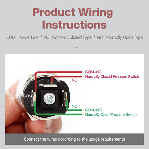 Product wiring instructions for 1/4 Inch NPT Pneumatic Adjustable Diaphragm Pressure Switch Integrated Normally Open And Closed, QPF N2