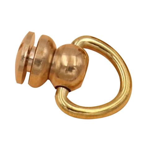 Close-up view of solid brass ball stud rivet with D-ring for purses and leather bags (20x10mm).