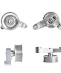 Upgrade Your Honda Ride With This Premium Aluminum Idler Pulley Kit EP3 Style To Stop Engine Rattle And Slash Wear For Smoother Power And Better Mileage Without Breaking The Bank Today. silver aluminum idler pulley kit, front and side views