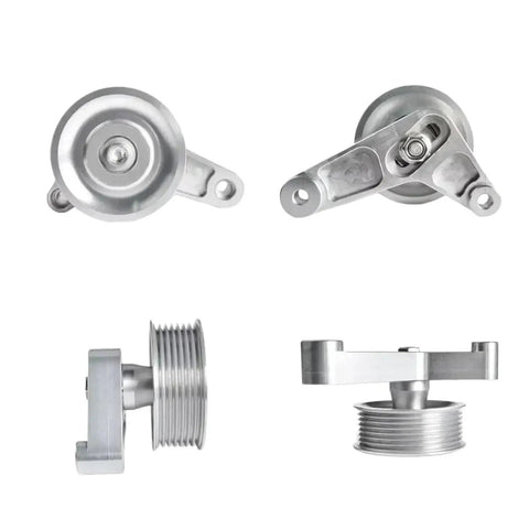 Upgrade Your Honda Ride With This Premium Aluminum Idler Pulley Kit EP3 Style To Stop Engine Rattle And Slash Wear For Smoother Power And Better Mileage Without Breaking The Bank Today. silver aluminum idler pulley kit, front and side views