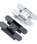 3D Adjustable Invisible Hinge For Hidden Folding Doors In Matt Black and silver finish shown side by side on white background