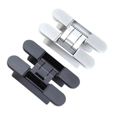 3D Adjustable Invisible Hinge For Hidden Folding Doors In Matt Black and silver finish shown side by side on white background