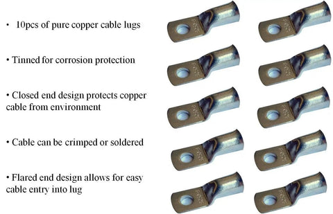 Ultra Flexible Pure Copper Battery Cable Kit lugs with closed end design, ten copper lugs for corrosion protection.