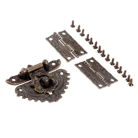 Antique Zinc Alloy Hasp Lock Set With Two Vintage Cabinet Hinges And Screws for wood boxes, jewelry boxes, and gift boxes.