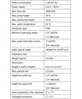 Technical specifications table for Heavy Duty Submersible Water Pump 1HP 3500 GPH With Built In Float Switch For Pools, Ponds, Basements