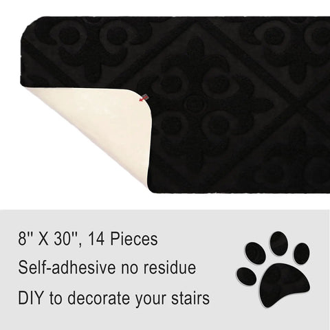 Non Slip Carpet Stair Treads For Wooden Stairs Indoor Stick On Runners 14 Pcs 8x30 Inches No Slip Grip For Dogs Kids And Seniors Black Easy To Install showing black tread with self-adhesive back