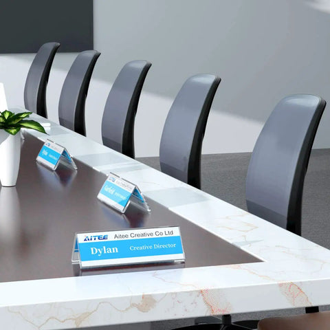 Clear Acrylic Desk Name Plates Pack Of 12, 3x8.5 Inch Tent Style Name Plate Holders on conference table
